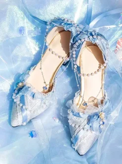 Robe de mariée Lolita Chaussures Lolita Bloc de couleur rose N艙uds Perles Volants Bout pointu Chaussures Lolita