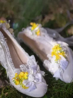 Robe de mariée Lolita Chaussures Lolita Bloc de couleur violet Dentelle Fleurs N艙uds Bout rond Escarpins Lolita en cuir PU
