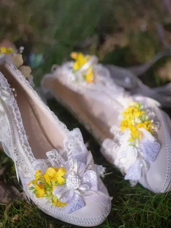 Robe de mariée Lolita Chaussures Lolita Bloc de couleur violet Dentelle Fleurs N艙uds Bout rond Escarpins Lolita en cuir PU
