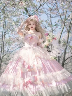 Robe de mariée Lolita princesse fée sans bretelles longue jusqu'au sol à plusieurs couches de fleurs