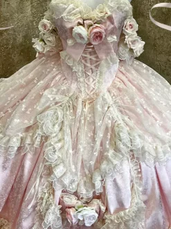 Robe de mariée Lolita princesse fée sans bretelles longue jusqu'au sol à plusieurs couches de fleurs