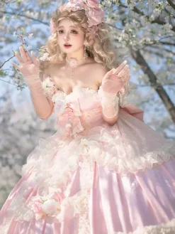 Robe de mariée Lolita princesse fée sans bretelles longue jusqu'au sol à plusieurs couches de fleurs