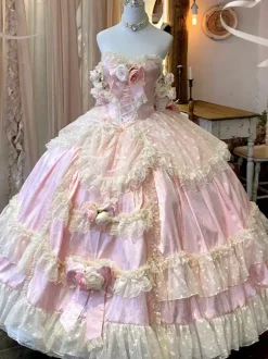 Robe de mariée Lolita princesse fée sans bretelles longue jusqu'au sol à plusieurs couches de fleurs