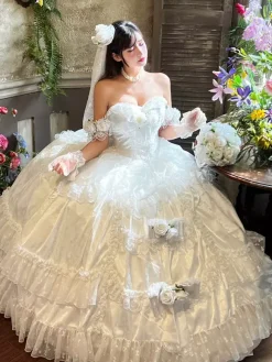 Robe de mariée Lolita princesse fée sans bretelles longue jusqu'au sol à plusieurs couches de fleurs