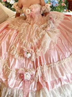 Robe de mariée Lolita princesse fée sans bretelles longue jusqu'au sol à plusieurs couches de fleurs