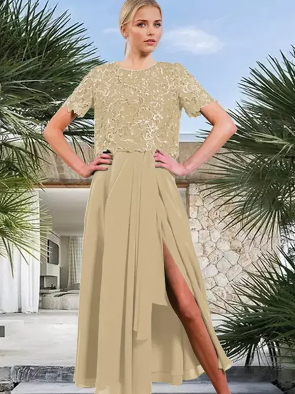 Robe de mariée mère de la mariée col bijou manches courtes coupe trapèze fendue sur le devant pour invitée de mariage