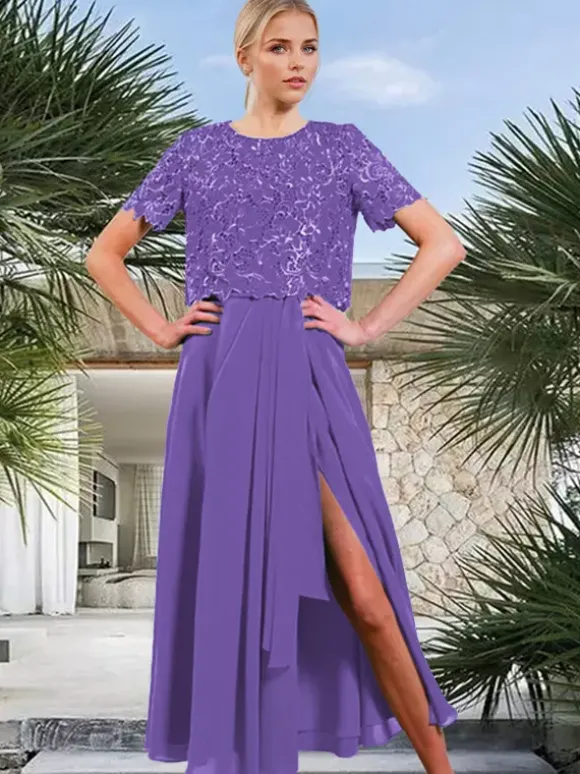 Robe de mariée mère de la mariée col bijou manches courtes coupe trapèze fendue sur le devant pour invitée de mariage