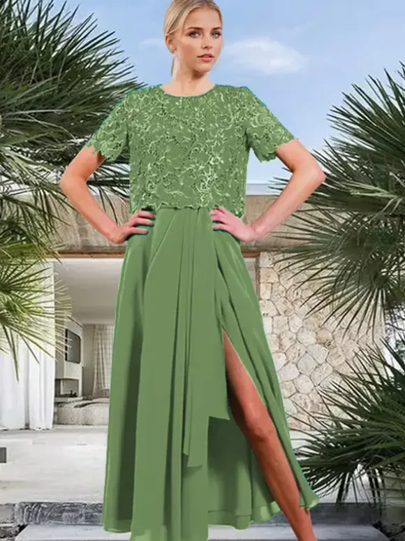 Robe de mariée mère de la mariée col bijou manches courtes coupe trapèze fendue sur le devant pour invitée de mariage