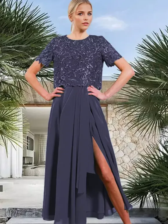 Robe de mariée mère de la mariée col bijou manches courtes coupe trapèze fendue sur le devant pour invitée de mariage