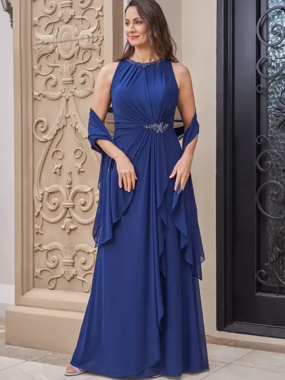 Robe de mariée mère de la mariée col bijou sans manches ligne a avec des appliques longueur au sol robes d'invitées pour mariage