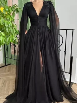 Robe de mariée noire robe de soirée robe de bal col en V mousseline longueur au sol perles robes de soirée
