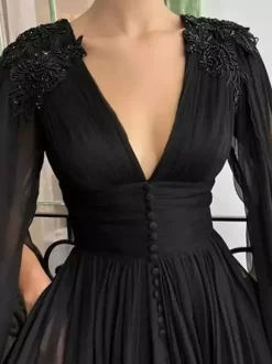 Robe de mariée noire robe de soirée robe de bal col en V mousseline longueur au sol perles robes de soirée