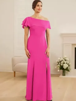 Robe de mariée pour mère asymétrique épaule dénudée manches courtes sirène volants robes d'invitées de mariage