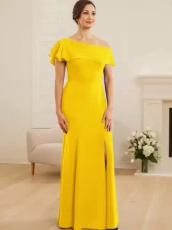 Robe de mariée pour mère asymétrique épaule dénudée manches courtes sirène volants robes d'invitées de mariage