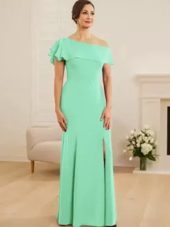 Robe de mariée pour mère asymétrique épaule dénudée manches courtes sirène volants robes d'invitées de mariage