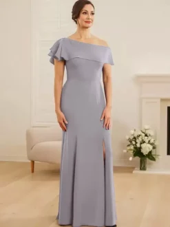 Robe de mariée pour mère asymétrique épaule dénudée manches courtes sirène volants robes d'invitées de mariage
