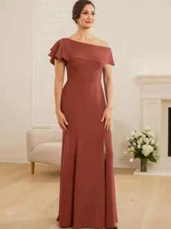 Robe de mariée pour mère asymétrique épaule dénudée manches courtes sirène volants robes d'invitées de mariage