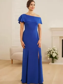 Robe de mariée pour mère asymétrique épaule dénudée manches courtes sirène volants robes d'invitées de mariage
