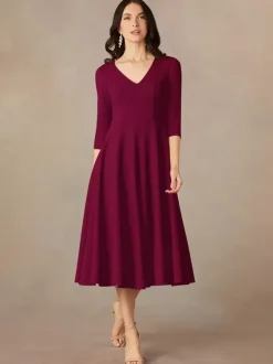 Robe de mariée pour mère col en V manches 3/4 robes d'invitées trapèze pour mariage