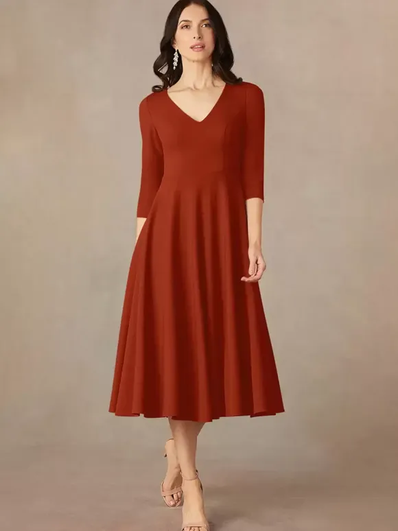 Robe de mariée pour mère col en V manches 3/4 robes d'invitées trapèze pour mariage