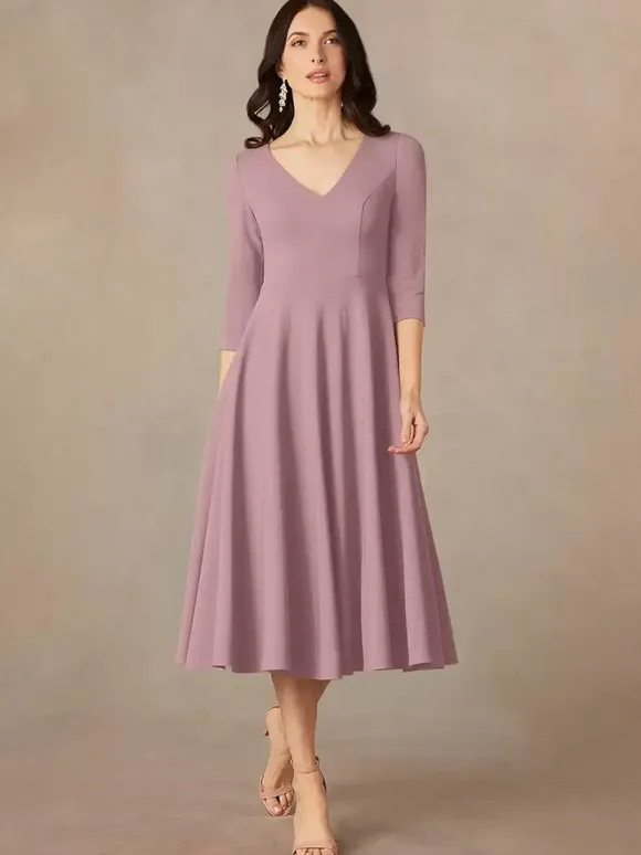 Robe de mariée pour mère col en V manches 3/4 robes d'invitées trapèze pour mariage
