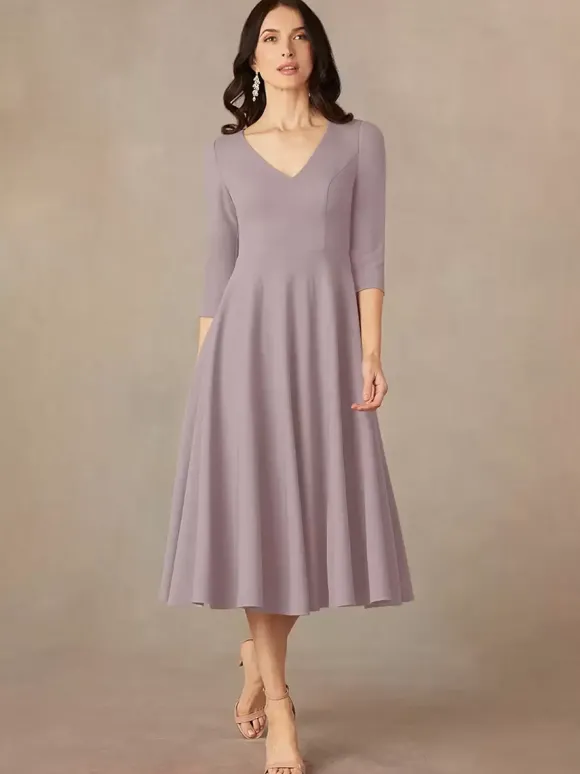 Robe de mariée pour mère col en V manches 3/4 robes d'invitées trapèze pour mariage
