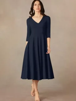 Robe de mariée pour mère col en V manches 3/4 robes d'invitées trapèze pour mariage
