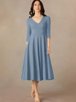 Robe de mariée pour mère col en V manches 3/4 robes d'invitées trapèze pour mariage