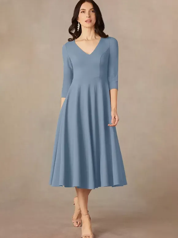 Robe de mariée pour mère col en V manches 3/4 robes d'invitées trapèze pour mariage
