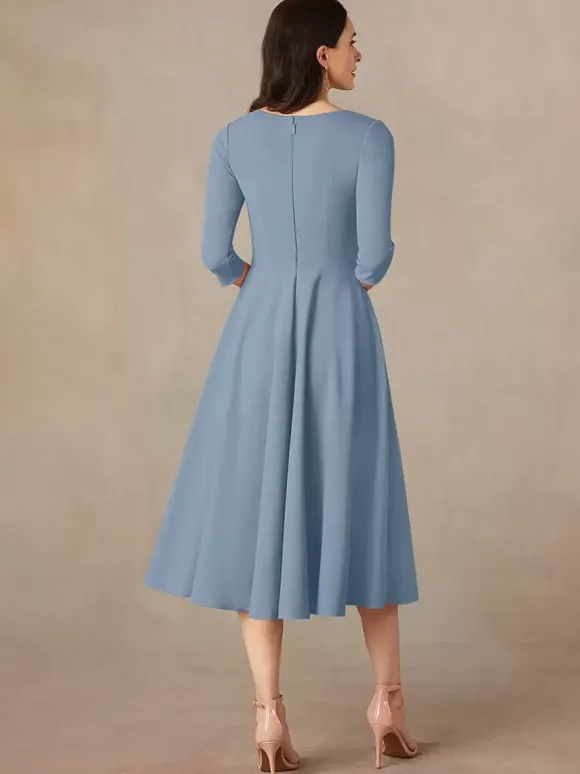 Robe de mariée pour mère col en V manches 3/4 robes d'invitées trapèze pour mariage