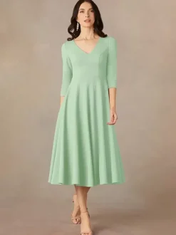 Robe de mariée pour mère col en V manches 3/4 robes d'invitées trapèze pour mariage