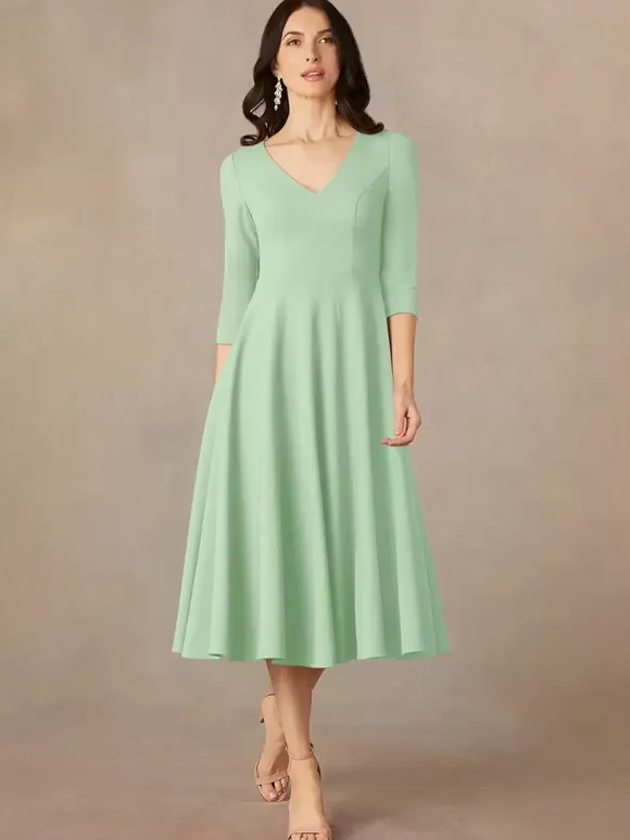 Robe de mariée pour mère col en V manches 3/4 robes d'invitées trapèze pour mariage