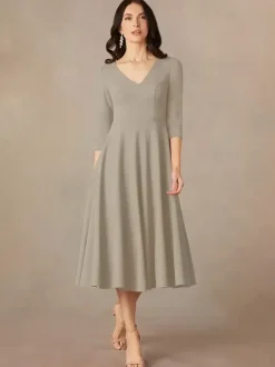 Robe de mariée pour mère col en V manches 3/4 robes d'invitées trapèze pour mariage