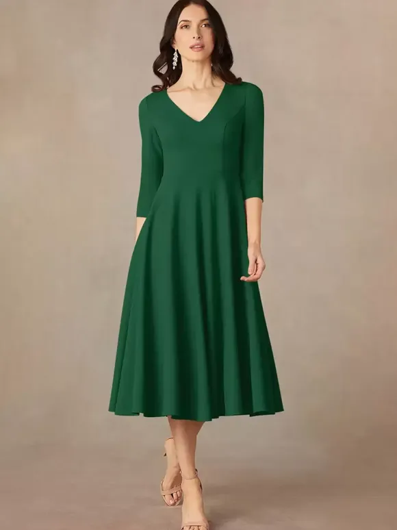 Robe de mariée pour mère col en V manches 3/4 robes d'invitées trapèze pour mariage
