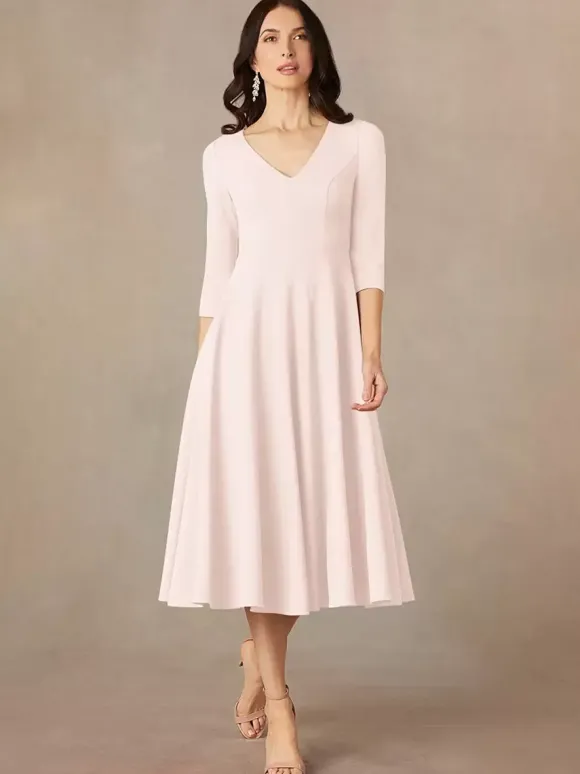 Robe de mariée pour mère col en V manches 3/4 robes d'invitées trapèze pour mariage
