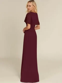 Robe de mariée pour mère col en v manches courtes gaine robes d'invitées perlées pour mariage