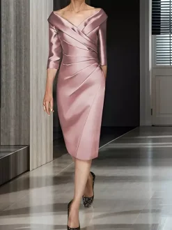Robe de mariée pour mère col en V demi-manches ligne a robes d'invitées de mariage plissées