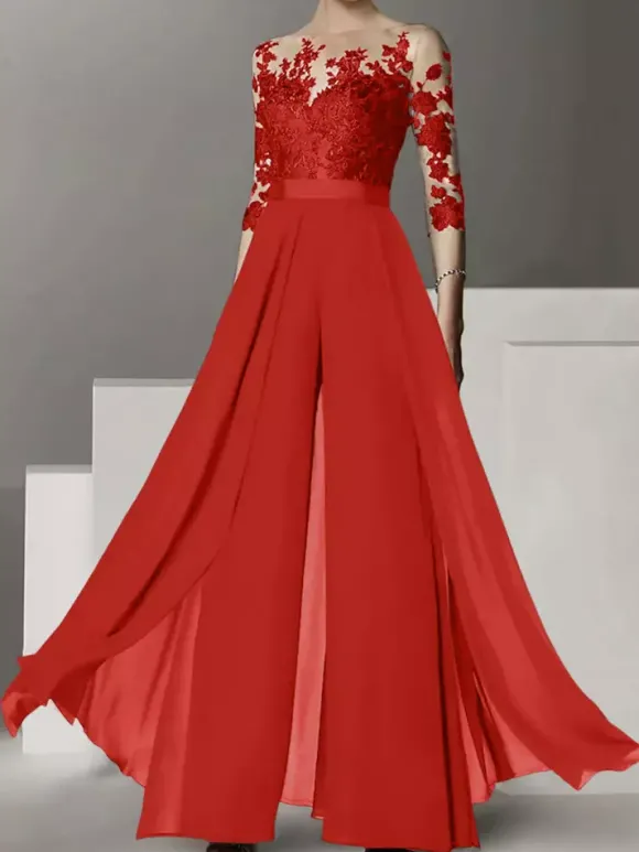 Robe de mariée pour mère col bijou demi-manches deux pièces en dentelle longueur au sol robes d'invitées de mariage