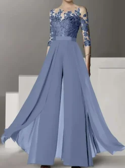 Robe de mariée pour mère col bijou demi-manches deux pièces en dentelle longueur au sol robes d'invitées de mariage