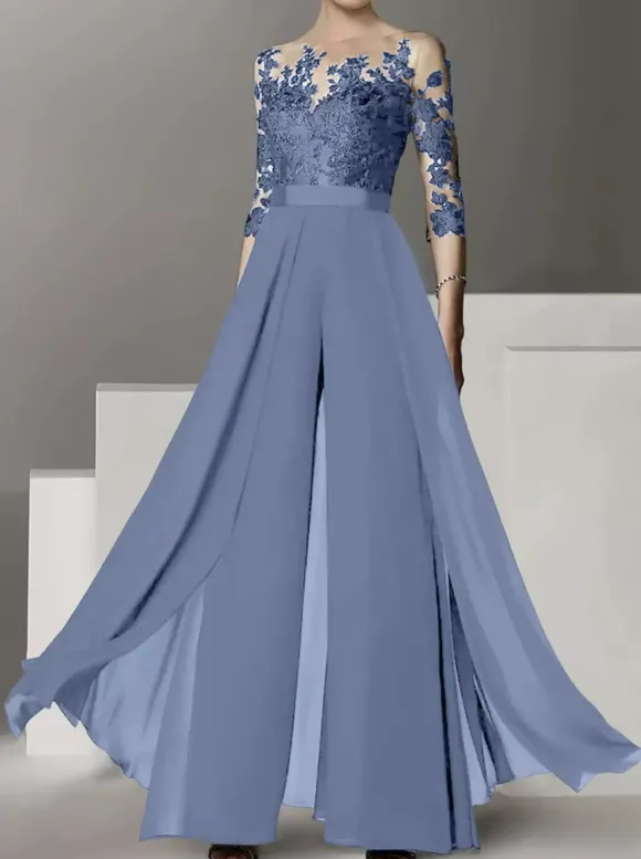 Robe de mariée pour mère col bijou demi-manches deux pièces en dentelle longueur au sol robes d'invitées de mariage