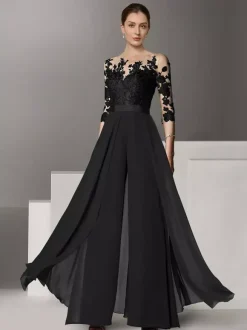 Robe de mariée pour mère col bijou demi-manches deux pièces en dentelle longueur au sol robes d'invitées de mariage
