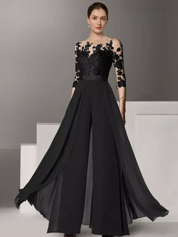 Robe de mariée pour mère col bijou demi-manches deux pièces en dentelle longueur au sol robes d'invitées de mariage