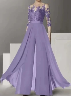 Robe de mariée pour mère col bijou demi-manches deux pièces en dentelle longueur au sol robes d'invitées de mariage