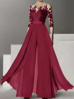 Robe de mariée pour mère col bijou demi-manches deux pièces en dentelle longueur au sol robes d'invitées de mariage
