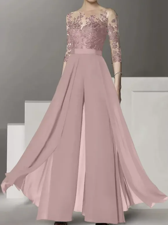 Robe de mariée pour mère col bijou demi-manches deux pièces en dentelle longueur au sol robes d'invitées de mariage