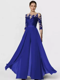 Robe de mariée pour mère col bijou demi-manches deux pièces en dentelle longueur au sol robes d'invitées de mariage