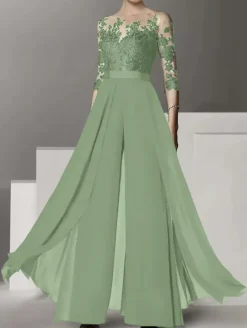 Robe de mariée pour mère col bijou demi-manches deux pièces en dentelle longueur au sol robes d'invitées de mariage