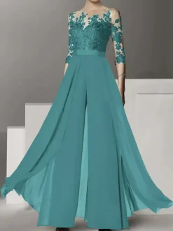 Robe de mariée pour mère col bijou demi-manches deux pièces en dentelle longueur au sol robes d'invitées de mariage