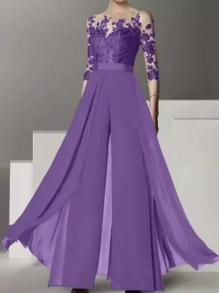 Robe de mariée pour mère col bijou demi-manches deux pièces en dentelle longueur au sol robes d'invitées de mariage