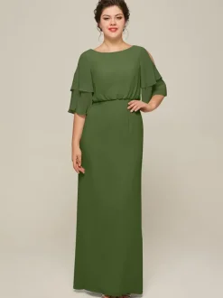 Robe de mariée pour mère col bijou manches courtes ligne a fendue sur le devant robes d'invitées de mariage